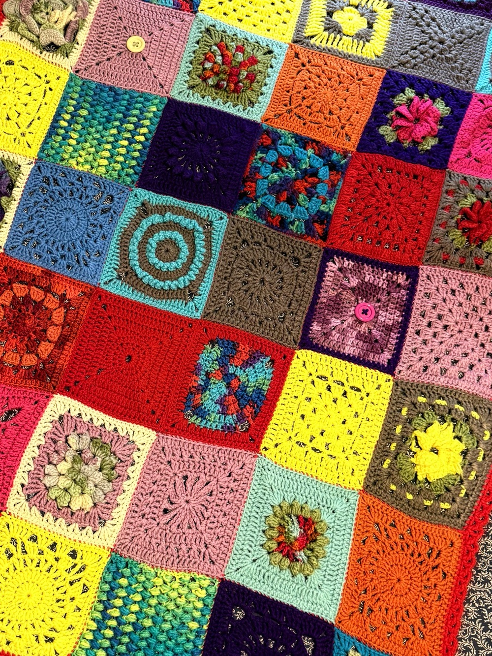 Vintage Handmade Crochet Afghan Blanket 3D Rose Granny Square Throw 60”L X 45”W - Picture 6 of 7